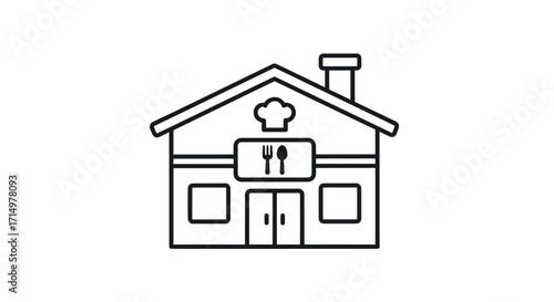 Simple line art icon of a restaurant building with a chefs hat and cutlery sign.