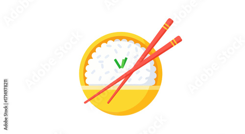 A Bowl of White Rice with Red Chopsticks Ready to Eat.