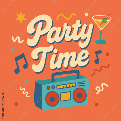 Party Time Retro Illustration with Boombox and Cocktail