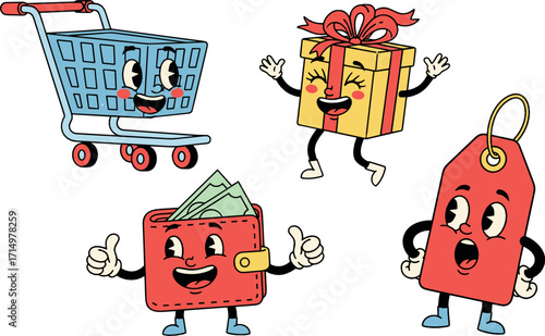 Cartoon shopping icons: cart, gift, wallet, and price tag on transparent background