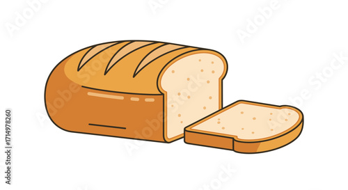 Loaf of Sliced Wheat Bread Golden Crust Cartoon Style.