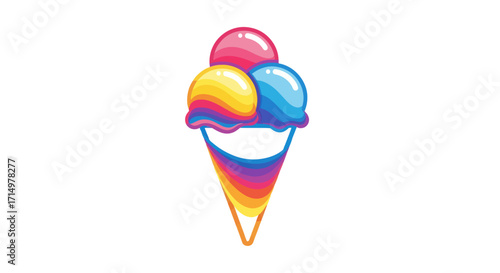 Vibrant Cartoon Ice Cream Cone with Three Colorful Scoops.