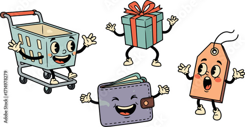 Cartoon shopping elements: shopping cart, gift, wallet, and price tag on transparent background