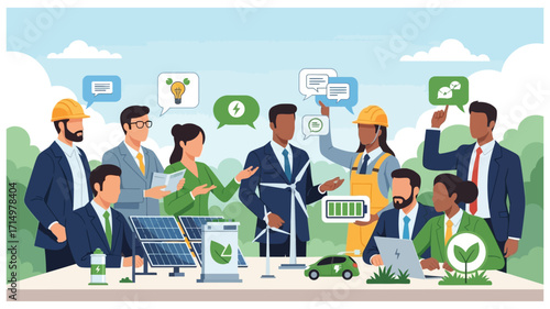 Entrepreneurs and engineers discuss sustainable energy solutions, including solar power, wind turbines, electric cars, and eco-friendly alternatives.