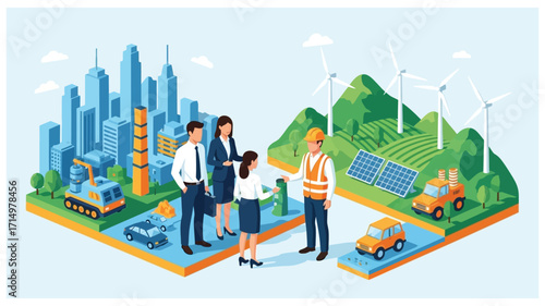 businessmen and contractors discuss renewable energy, solar panels, windmills, electric vehicles and other green energy alternatives. vector illustration