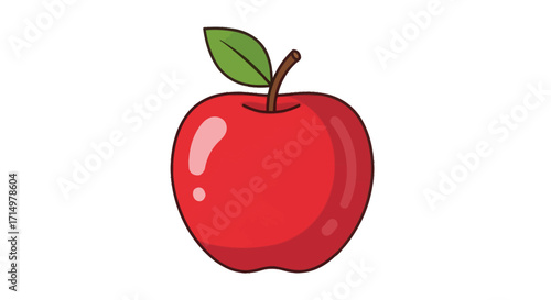 Single Red Apple with Green Leaf Illustration.