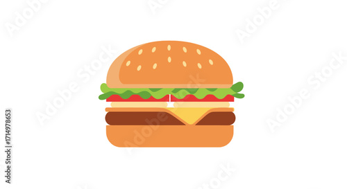 Delicious Cartoon Hamburger with Lettuce Tomato Cheese and Sesame Seed Bun.