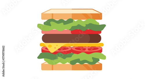 Delicious Tall Layered Burger Sandwich Illustration.