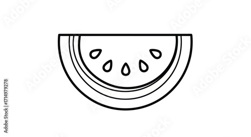Black and white line art illustration of a watermelon slice with seeds.