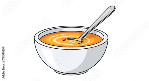 A simple illustration of a white bowl filled with steaming orange soup and a silver spoon.