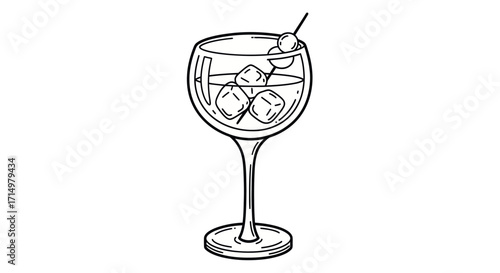 Hand-drawn illustration of a refreshing cocktail with ice cubes and garnish.