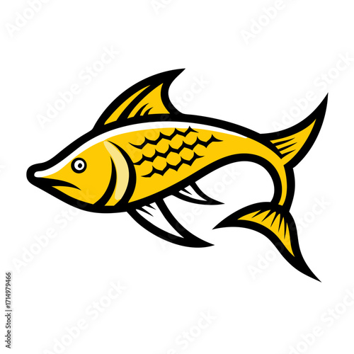 Illustration of a yellow fish with black outline and fins swimming to the left on white background