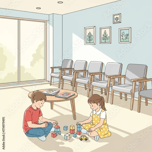 Two young children, a boy and a girl, playing with colorful building blocks on the floor of a bright, sunlit waiting room.
