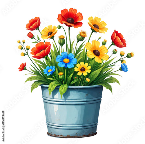bouquet of colorful summer blossoms in a bucket