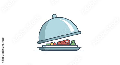 Elegant Silver Cloche Serving Plate with Steak and Vegetables.