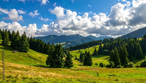 Lush mountain meadow under a dramatic sky