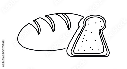Simple Line Art Illustration of a Loaf of Bread and Slice.