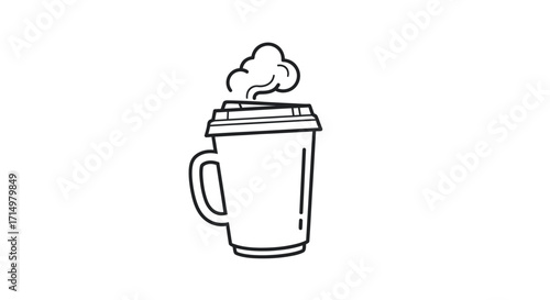 Simple Black and White Illustration of Steaming Coffee Cup.