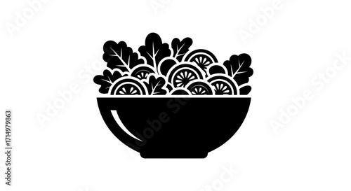 Black and White Icon of a Fresh Salad Bowl.