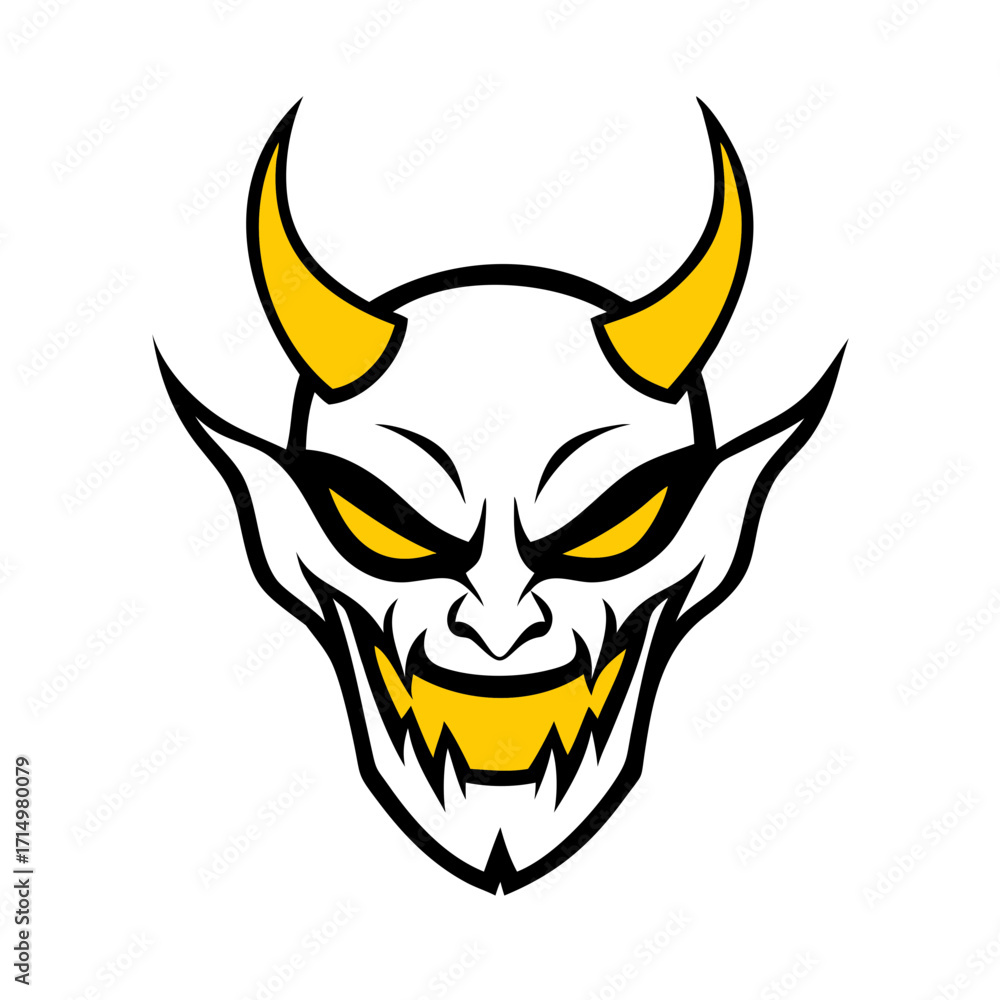 Fototapeta premium Illustration of a white devil face with yellow horns eyes and teeth on a white background design art