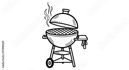 Hand-drawn illustration of a smoking charcoal barbecue grill with lid open.