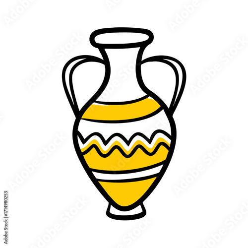 Illustration of a white and yellow vase with handles and black outline on a white background design