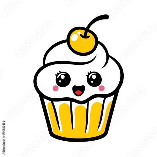 Illustration of a kawaii cupcake with white frosting yellow base and cherry on top with a happy face