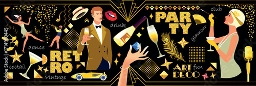 Bold retro party illustration with vibrant dancing couples, jazzman, vintage car, lips, cocktails, diamonds and glittering stars. Perfect for event poster and retro designs. Handmade drawing vector.