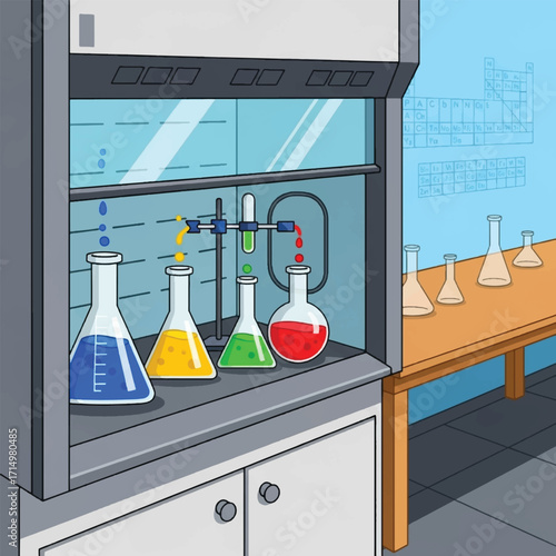 A laboratory scene featuring beakers with colorful liquids, a fume hood, and a periodic table.