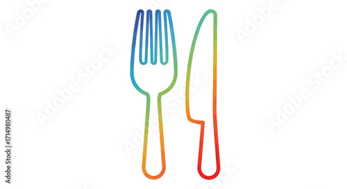 Rainbow-Colored Fork and Knife Utensil Icon.