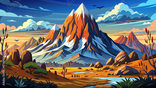 Mount Kenya, Africa’s second-highest peak, jagged rocky summit with glaciers and alpine vegetation, surrounded by wildlife and plains