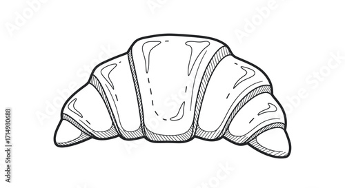 A detailed hand-drawn black and white line art illustration of a classic French croissant.