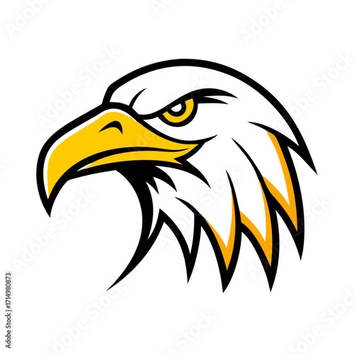 Illustration of an eagle head with sharp beak and intense gaze in white yellow and black colors scheme art