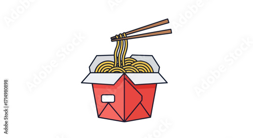 Delicious Noodles Being Lifted From a Red Takeout Box with Chopsticks.