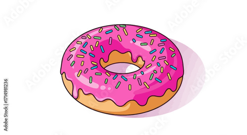 A delicious pink frosted donut with colorful sprinkles cartoon style illustration.