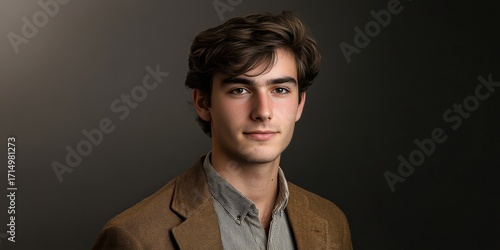 Portrait of a Young Man in a Brown Blazer Against a Dark Background