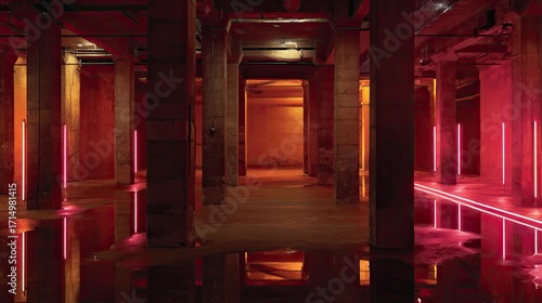 Pink neon lights in red flooded basement