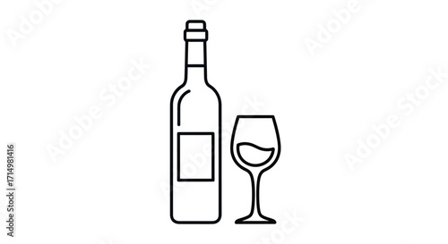 Simple Line Art Illustration of a Wine Bottle and Glass.