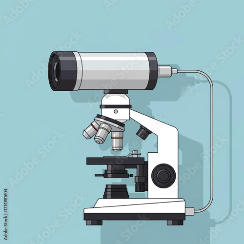 A detailed illustration of a modern white compound microscope with a digital camera attached, viewed from the side against a light blue background.