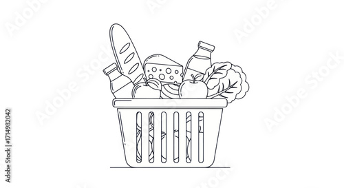Line Drawing of Grocery Basket with Food Items.