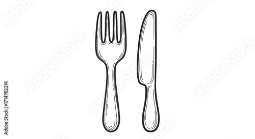 Hand-drawn Black Outline Fork and Knife Dining Utensils Illustration.