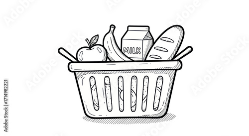 Hand-drawn illustration of a grocery basket filled with fresh food items.