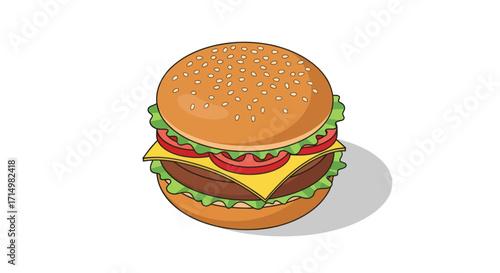 Classic Cartoon Hamburger with Sesame Bun Cheese Lettuce and Tomato.