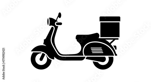 Black silhouette of a vintage scooter with a delivery box.