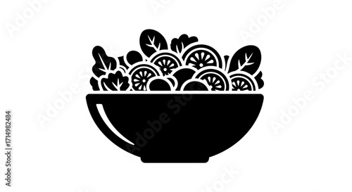Black Silhouette of a Bowl of Salad with Fruits and Greens.