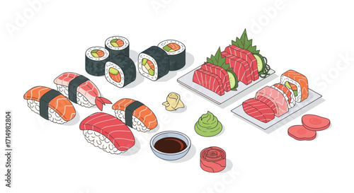 Isometric Vector Illustration of Various Japanese Sushi and Sashimi Dishes with Condiments.