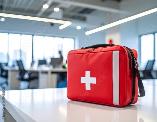 Red first-aid kit on a white office desk