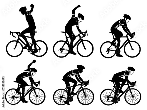 “Graphic cycling silhouettes: riders sprinting, climbing, and celebrating, helmets visible, arranged as a set of sixteen poses, solid black shapes, flat illustrative design.”