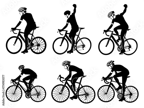“Graphic cycling silhouettes: riders sprinting, climbing, and celebrating, helmets visible, arranged as a set of sixteen poses, solid black shapes, flat illustrative design.”