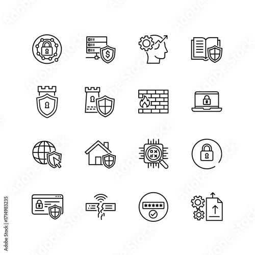 Outline-style icons representing cybersecurity best practices such as a password manager, security training, safe browsing, secure remote work, firewall, and data backup